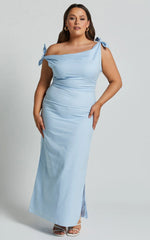 Cincinnati Midi Dress - Off The Shoulder Side Split Column Linen Dress in Pale Blue