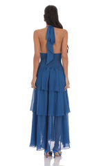Dotted Smocked Halter Maxi Dress in Blue