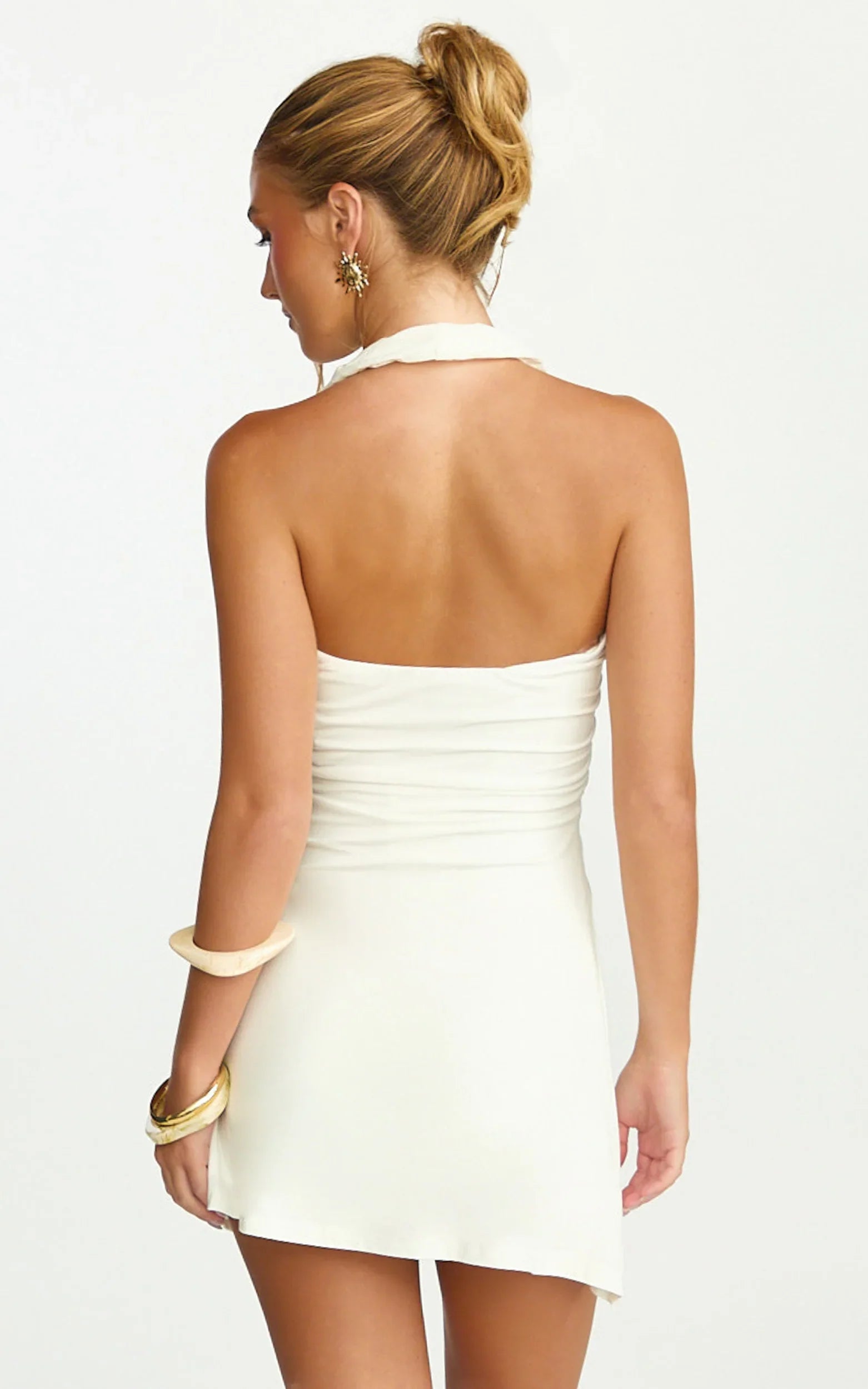 Odile Mini Dress - U Halter Neck Dress in Cream