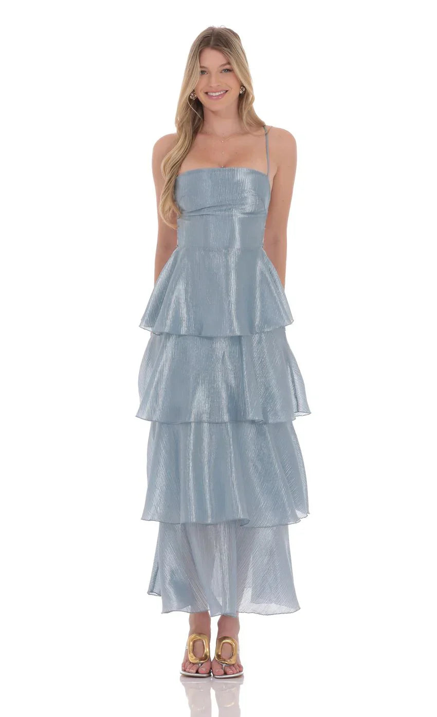 Crinkle Sheen Maxi Dress in Slate Blue