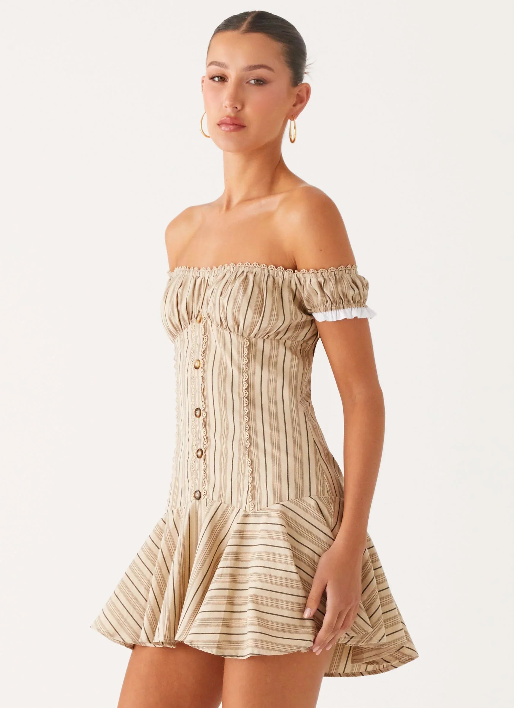 Jumana Off Shoulder Mini Dress - Off White Stripe