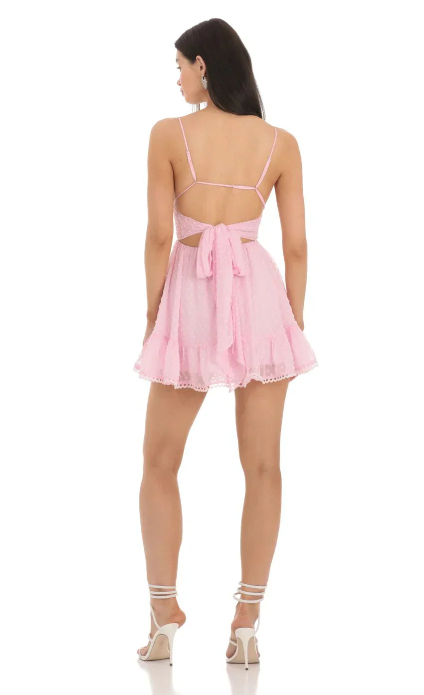 Dotted V-Neck A-line Dress in Pink