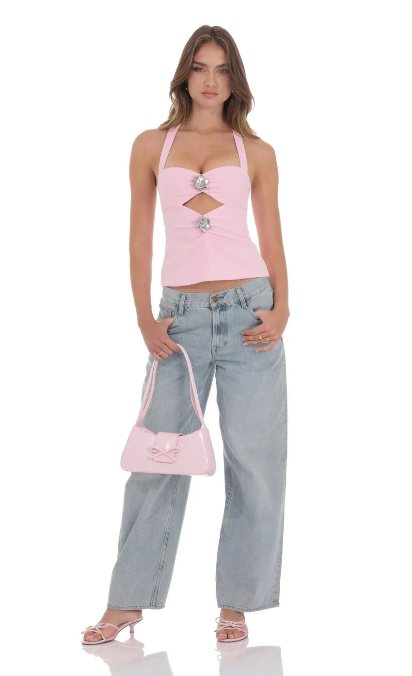 Cutout Floral Embellished Top in Pink