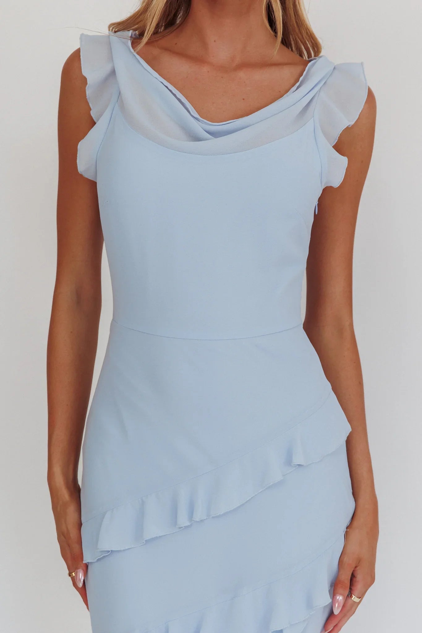 Sangria Cowl Neck Frill Maxi Dress Blue