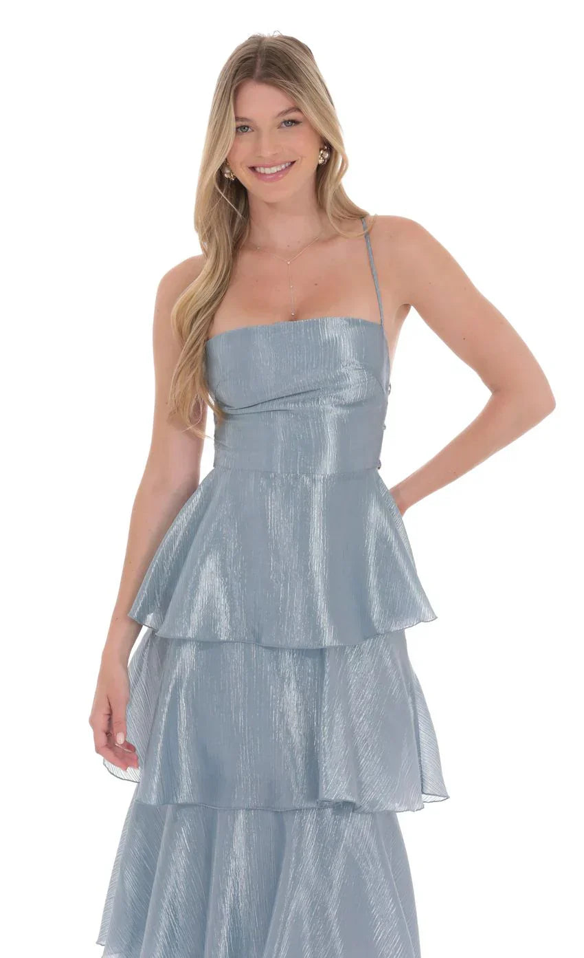 Crinkle Sheen Maxi Dress in Slate Blue