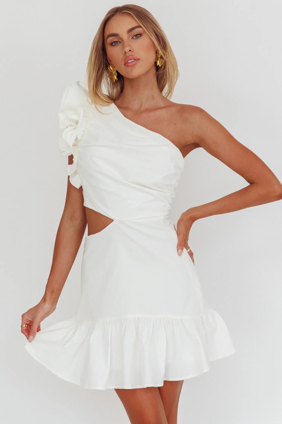 Deanna One-Shoulder Cut-Out Mini Dress White