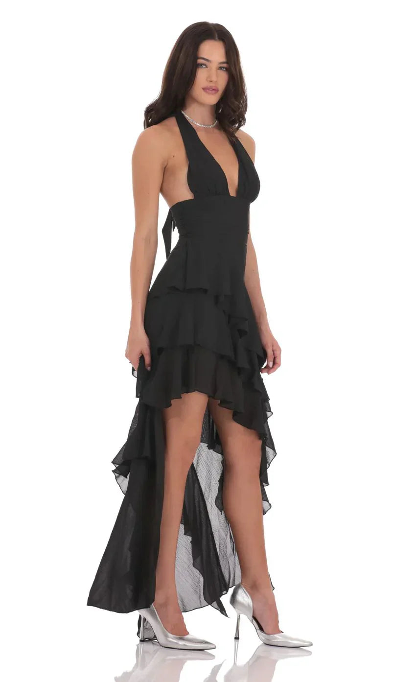Asymmetrical Ruffle Maxi Dress in Black