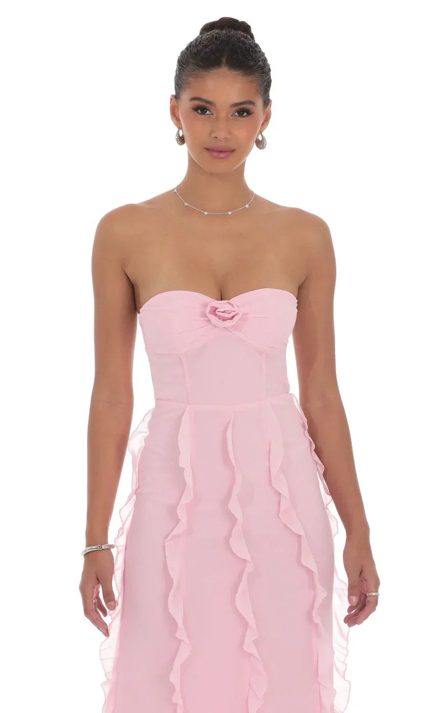 Chiffon Rossette Ruffle Maxi Dress in Pink