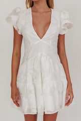 Irenna Ruffle Sleeve V-Neck Mini Dress Textured White