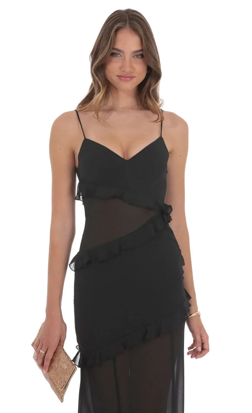 Chiffon Ruffle Cutout Maxi Dress in Black